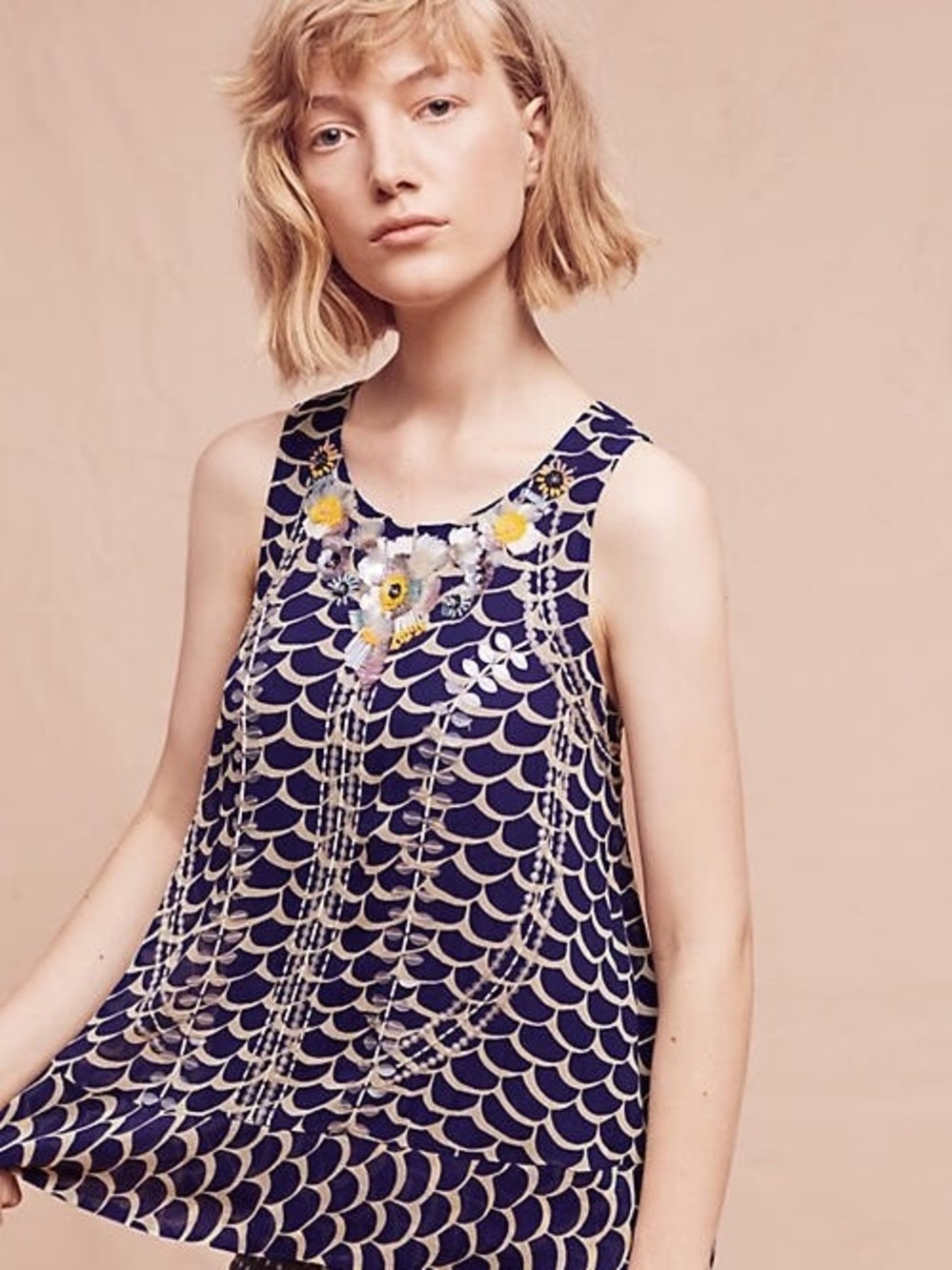 Moulinette Soeurs + Anthropologie Navy and Cream Patterned Blouse